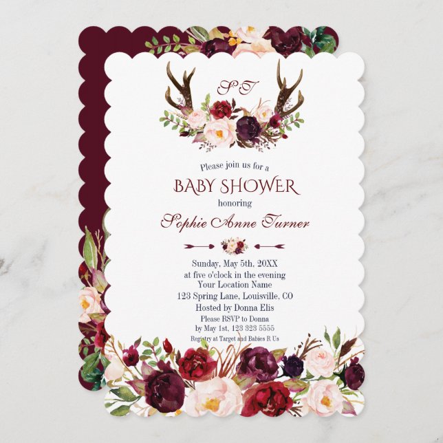 Burgundy Blush Marsala Floral Antlers Babydusche Einladung (Vorne/Hinten)