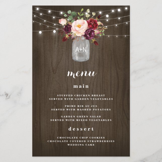Burgundy Blush Mason Jar Rustic Wedding Menu Cards (Vorderseite)