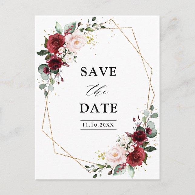 Burgundy Blush Modern Geometric Save the Date Postkarte (Vorderseite)