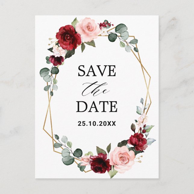Burgundy Blush Modern Geometric Save the Date Postkarte (Vorderseite)