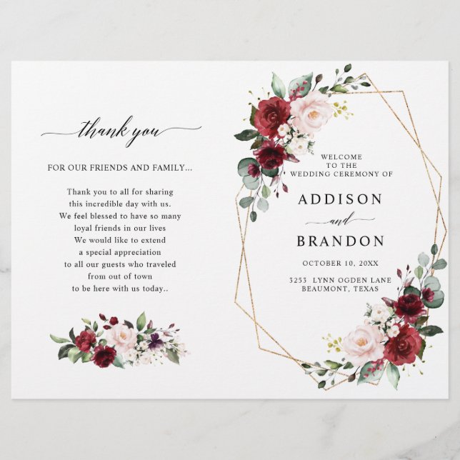 Burgundy Blush Modern Geometric Wedding Program (Vorderseite)