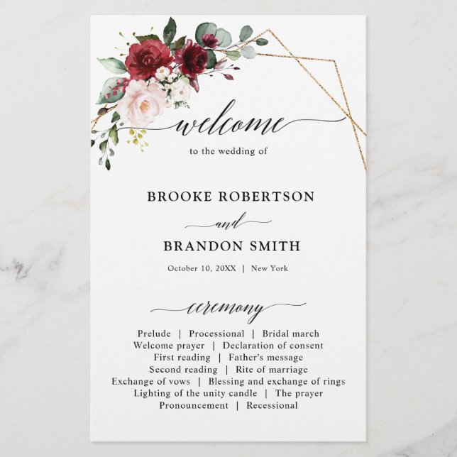 Burgundy Blush Modern Geometric Wedding Program (Vorderseite)