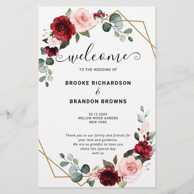 Burgundy Blush Modern Geometric Wedding Program (Vorderseite)