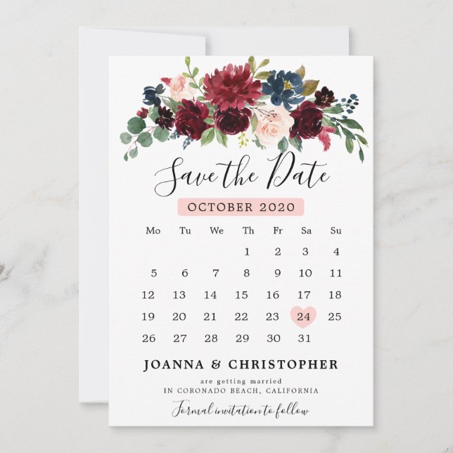 Burgundy Blush Navy Blue Botanical Floral Boho Save The Date (Vorderseite)