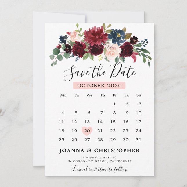 Burgundy Blush Navy Blue Botanical Floral Boho Save The Date (Vorderseite)