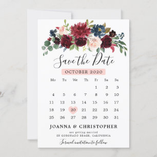 Burgundy Blush Navy Blue Botanical Floral Boho Save The Date