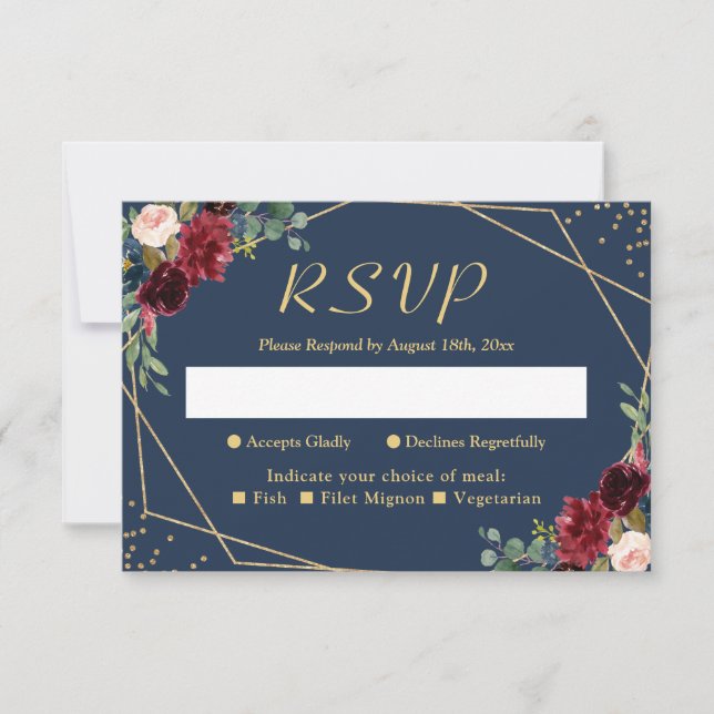 Burgundy Blush Navy Blue Floral Gold Glitzer RSVP Karte (Vorderseite)