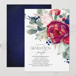 Burgundy Blush Navy Blue Floral Graduation Party Einladung