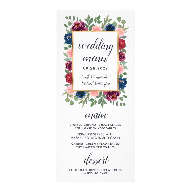Burgundy Blush Navy Blue Gold Wedding Menu Cards Werbekarte (Vorne)