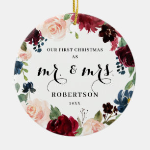 Burgundy Blush Navy Floral Erste Weihnachten Keramik Ornament