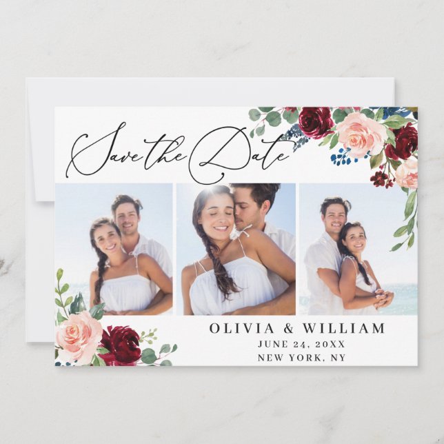 Burgundy Blush Navy White Roses 3 FOTO Hochzeit Save The Date (Vorderseite)