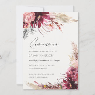 Burgundy Blush Pampas Grass Quinceanera Einladung