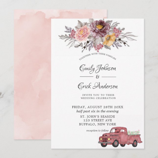 Burgundy Blush Peony Vintag Truck Wedding Einladung (Vorne/Hinten)