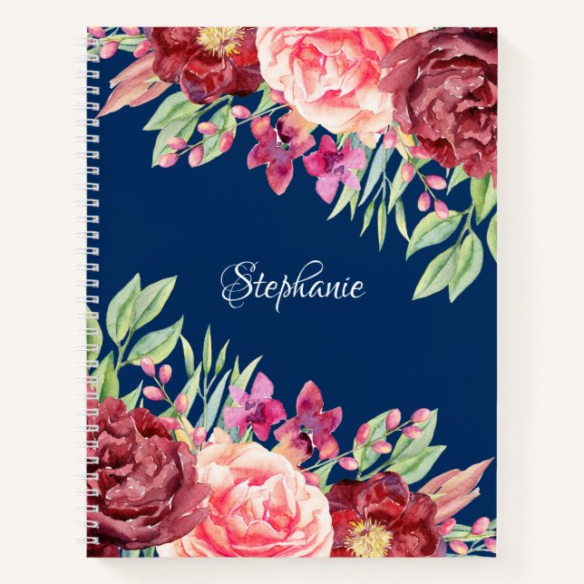 Burgundy Blush Personalisierter Name Navy Blue Notizbuch (Vorderseite)