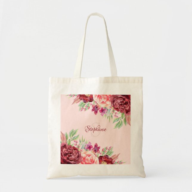 Burgundy Blush PInk Aquarell Floral Monogramm Tragetasche (Vorne)
