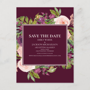 Burgundy Blush Pink Bloral Wedding Save the Date Postkarte