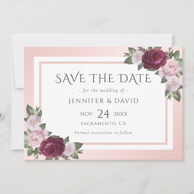 Burgundy Blush Pink Blues Hochzeit speichern das D Save The Date (Vorderseite)