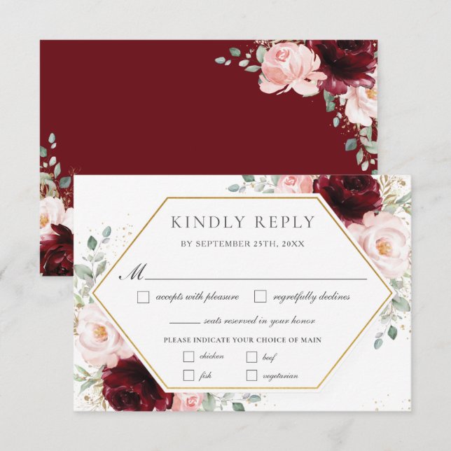 Burgundy Blush Pink Blumengrün Hochzeitessen RSVP Karte (Vorne/Hinten)