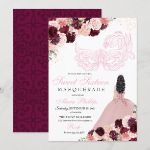 Burgundy Blush Pink Blumenmasquerade Sweet 16 Inv. Einladung