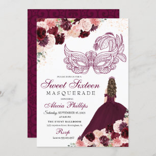 Burgundy Blush Pink Blumenmasquerade Sweet 16 Inv. Einladung