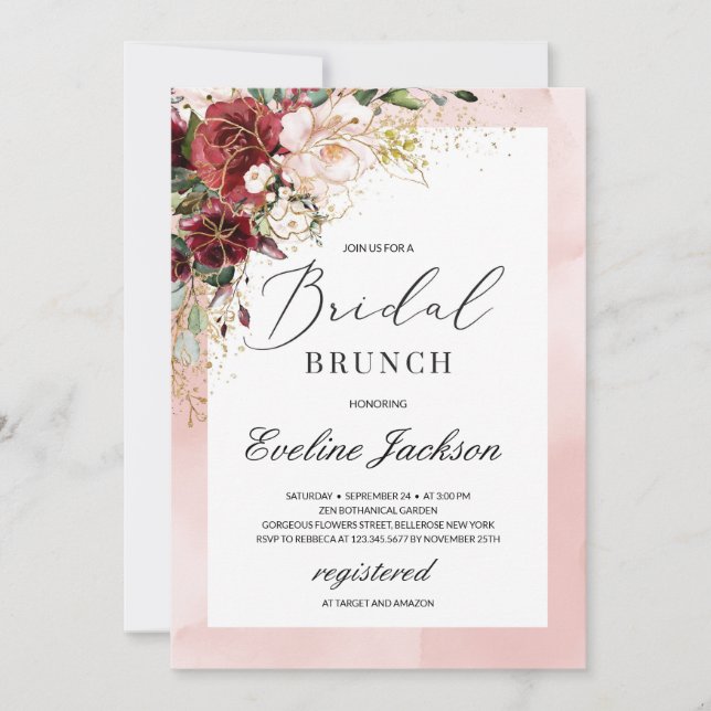 Burgundy Blush Pink Bridal Brunch Einladung (Vorderseite)