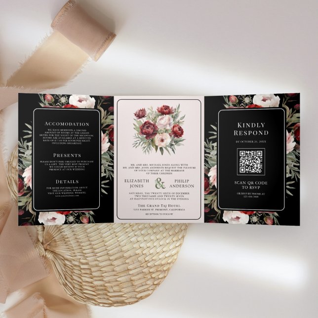 Burgundy Blush Pink Floral Black Moody Wedding Dreifach Gefaltete Einladung (Von Creator hochgeladen)