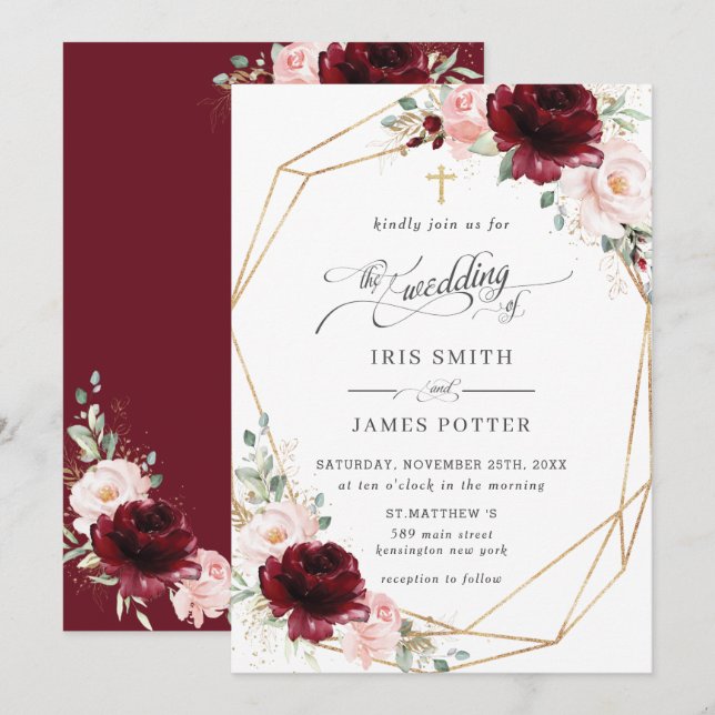 Burgundy Blush Pink Floral Church Wedding   Einladung (Vorne/Hinten)