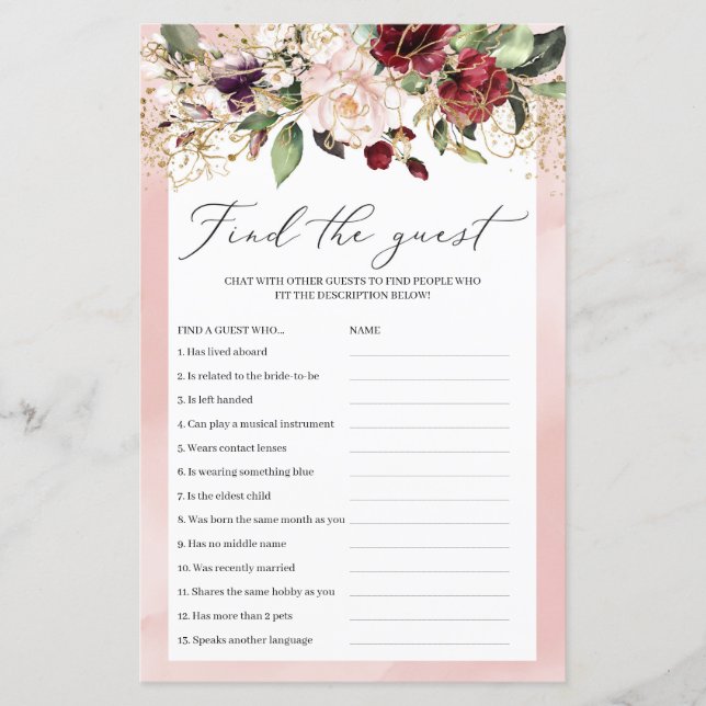 Burgundy Blush Pink Floral Finden Sie das Gast-Spi (Vorderseite)