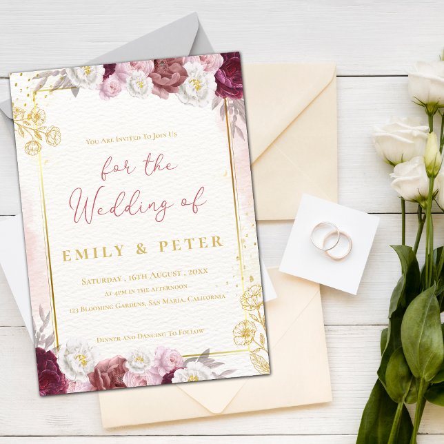 Burgundy Blush Pink Floral Gold Border Wedding Einladung (Burgundy Blush Pink Floral Gold Border Wedding Invitation)