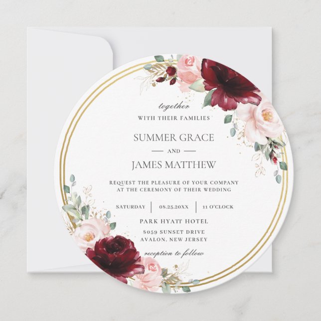 Burgundy Blush Pink Floral Gold Circle Wedding Einladung (Vorderseite)