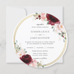 Burgundy Blush Pink Floral Gold Circle Wedding Einladung