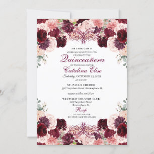 Burgundy Blush Pink Floral Quinceanera Geburtstag Einladung