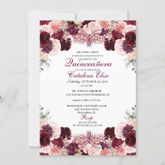 Burgundy Blush Pink Floral Quinceanera Geburtstag Einladung