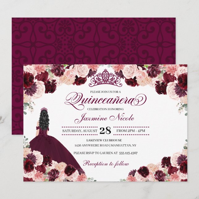 Burgundy Blush Pink Floral Quinceanera Geburtstag Einladung (Vorne/Hinten)