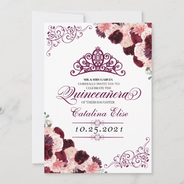 Burgundy Blush Pink Floral Quinceanera Geburtstag Einladung (Vorderseite)