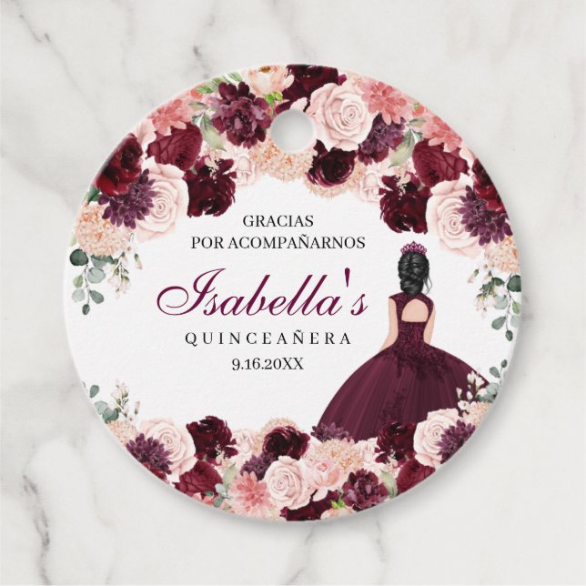 Burgundy Blush Pink Floral Quinceanera Geschenkanhänger (Vorderseite)