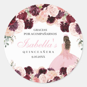 Burgundy Blush Pink Floral Quinceanera Runder Aufkleber