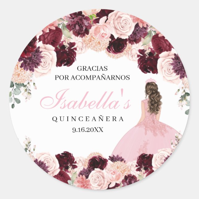 Burgundy Blush Pink Floral Quinceanera Runder Aufkleber (Vorderseite)