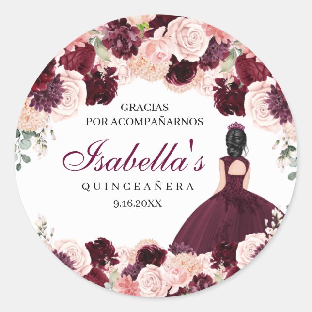 Burgundy Blush Pink Floral Quinceanera Runder Aufkleber (Vorderseite)