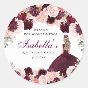 Burgundy Blush Pink Floral Quinceanera Runder Aufkleber