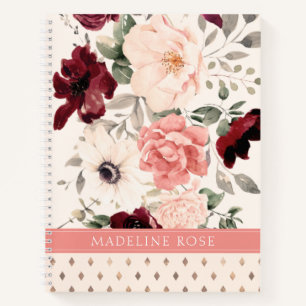 Burgundy Blush Pink Floral Wasserfarbe Name Notizbuch