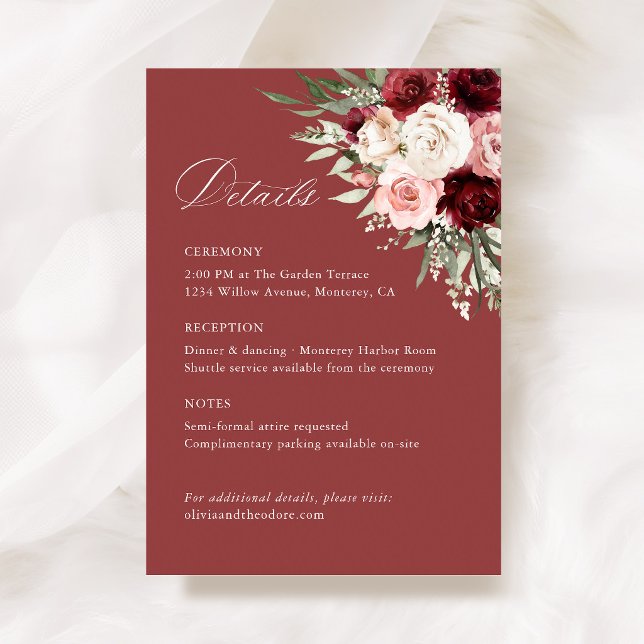 Burgundy Blush Pink Floral Wedding Details, Info Begleitkarte (Burgundy blush pink floral wedding information card rose elegant ceremony reception details)