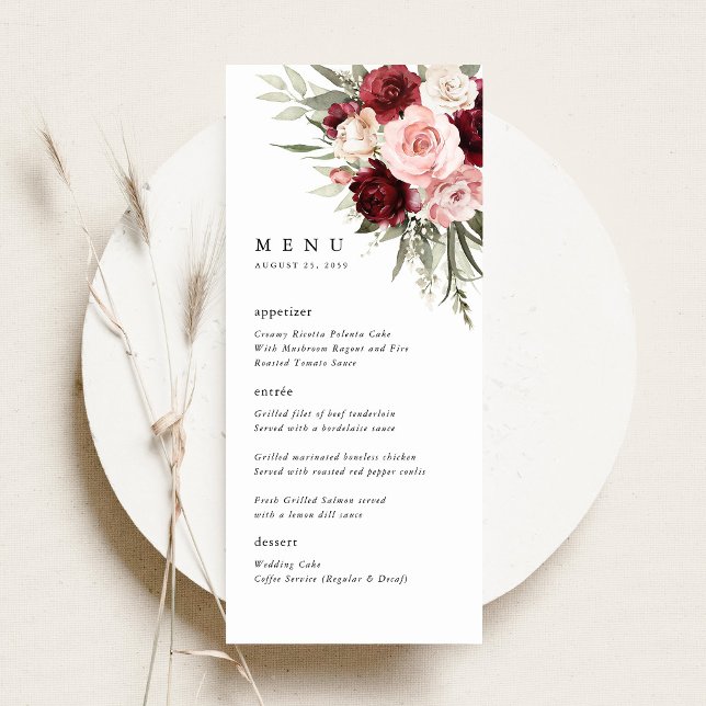 Burgundy Blush Pink Floral Wedding Reception Menu Menükarte (Burgundy blush pink floral wedding menu card elegant rose reception menu dinner menu table setting)