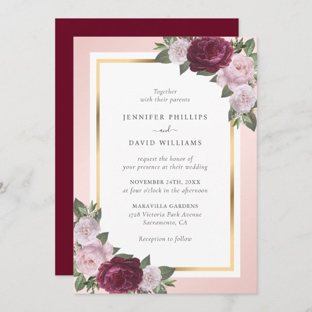 Burgundy Blush Pink Gold Floral Wedding Einladung (Vorne/Hinten)