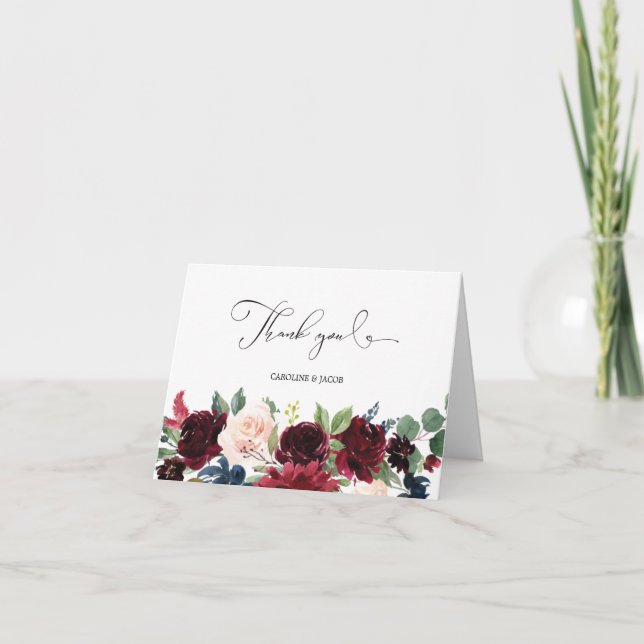 Burgundy Blush Pink Navy Blue Floral Wedding Dankeskarte (Vorderseite)