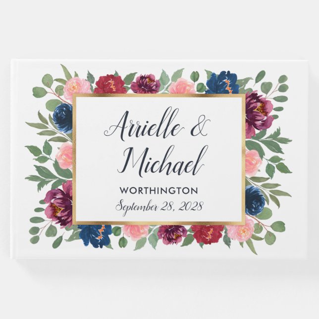 Burgundy Blush Pink Navy Blue Marsala Gold Wedding Gästebuch (Vorderseite)
