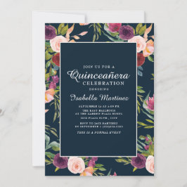 Burgundy Blush Pink Navy Floral Quinceñera Einladung
