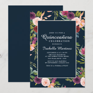 Burgundy Blush Pink Navy Floral Quinceñera Einladung