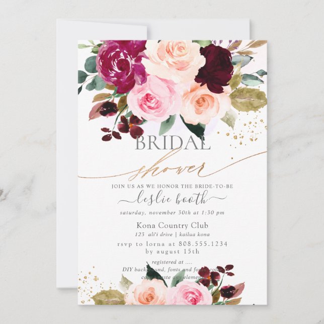 Burgundy Blush Pink Roses Brautparty Einladung (Vorderseite)