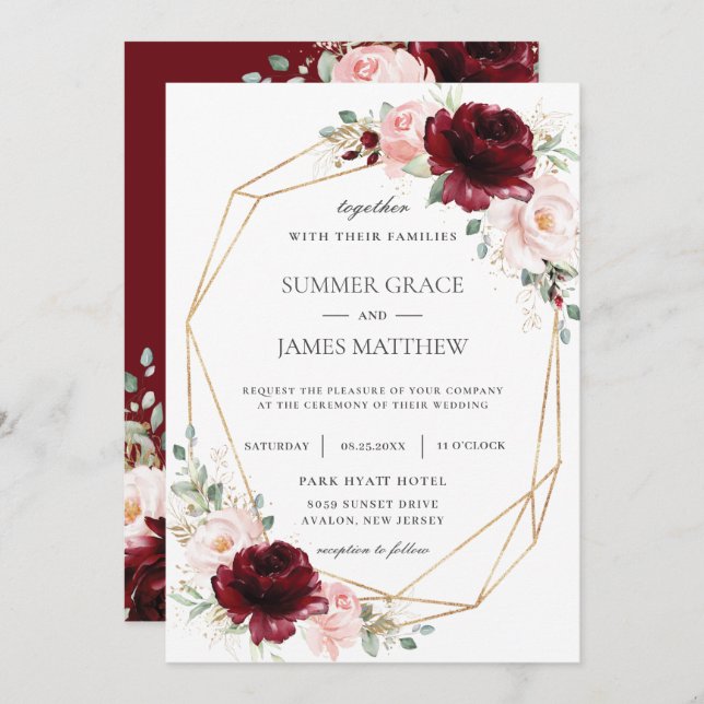 Burgundy Blush Pink Roses Floral Geometric Wedding Einladung (Vorne/Hinten)